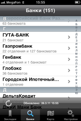 Рабочее окно приложения Bank.ru