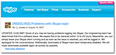 Сообщение с сайта skype о проблемах в Августе 2007 года